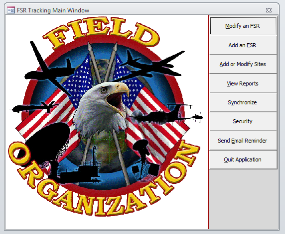 Main menu of the FSR Tracking application with buttons for Modify an FSR, Add an FSR, Add or Modify Sites, View Reports, Synchronize, Security, Send Email Reminder, and Quit Application.
