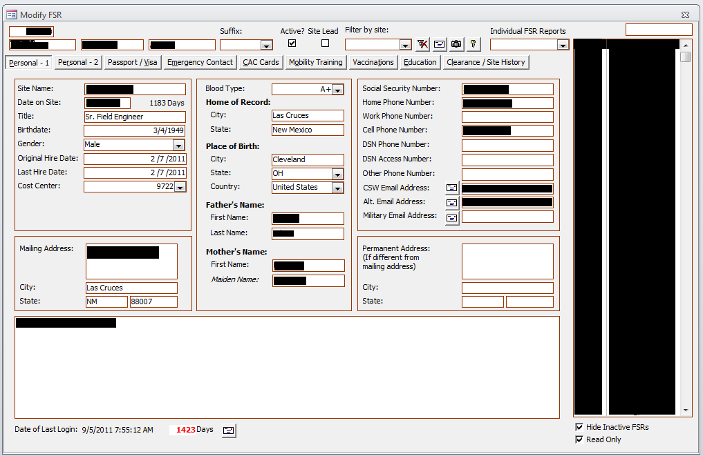 Detailed Modify FSR form with tabbed sections (Personal, Passport / Visa, Emergency Contact, CAC Cards, Mobility Training, Vaccinations, Education, Clearance / Site History) and fields for hire dates, contact details, cost center, and mailing address. Sensitive fields are redacted.