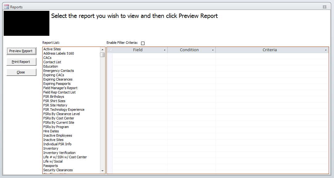 Reports screen with options to generate filtered reports on FSRs and assignments.