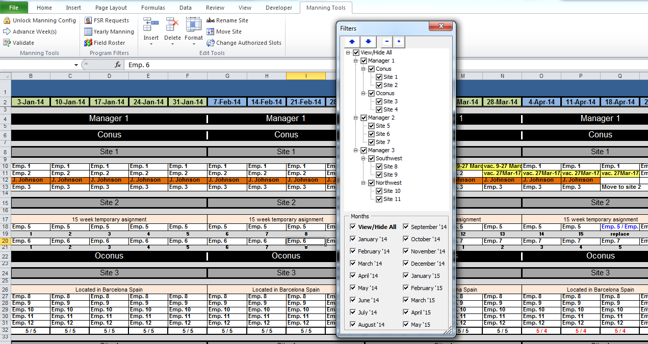 The Yearly Manning spreadsheet with a custom "Manning Tools" ribbon tab across the top (Unlock Manning Config, Advance Weeks, Validate, FSR Requests, Yearly Manning, Field Roster, Insert, Delete, Format, Rename Site, Move Site, Change Authorized Slots). A floating Filters dialog on the right shows a hierarchical tree of Managers, regions (Conus, Oconus, Southwest, Northwest), and sites, plus month checkboxes to filter the view. The spreadsheet body shows weekly columns across the top (3-Jan-14, 10-Jan-14…) and employees grouped under each site.