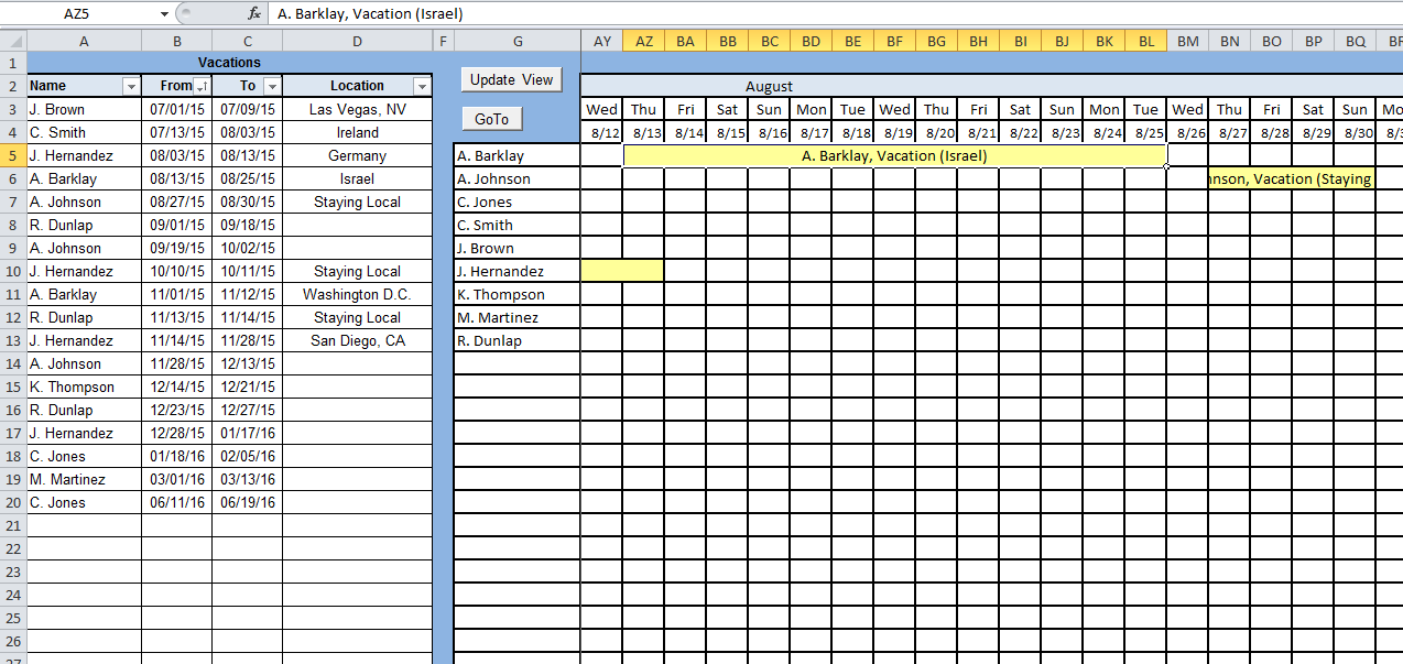 The Vacation Log spreadsheet. On the left, a Vacations table lists each person's name, from/to dates, and location. On the right, an Update View button sits above a timeline that shows each person's name down the rows and calendar days across the top, with a highlighted block spanning "A. Barklay, Vacation (Israel)" across the dates of their trip — the overlap visualization the tool produces automatically.